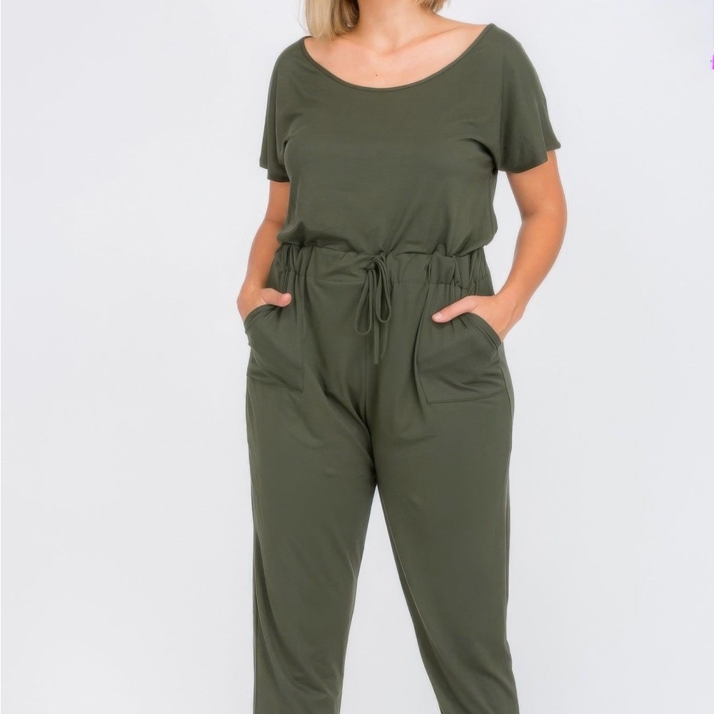 Solid Drawstring Short Sleeve Jumpsuit